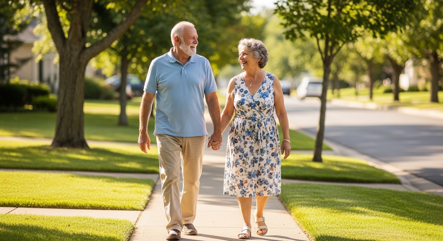 Older couple walking outdoors